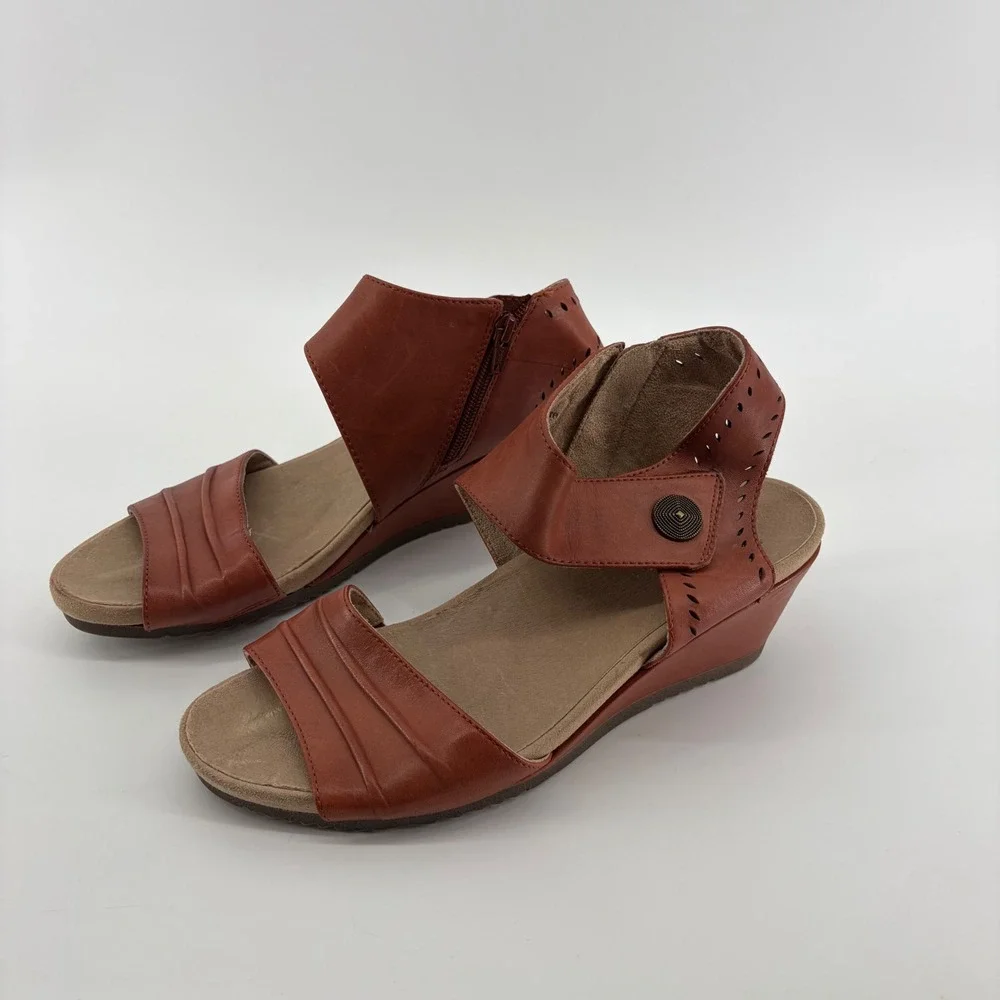 Earth Womens 11 Terra Cotta Attalea Barbados Leather Wedge Sandals Zip Up Boho